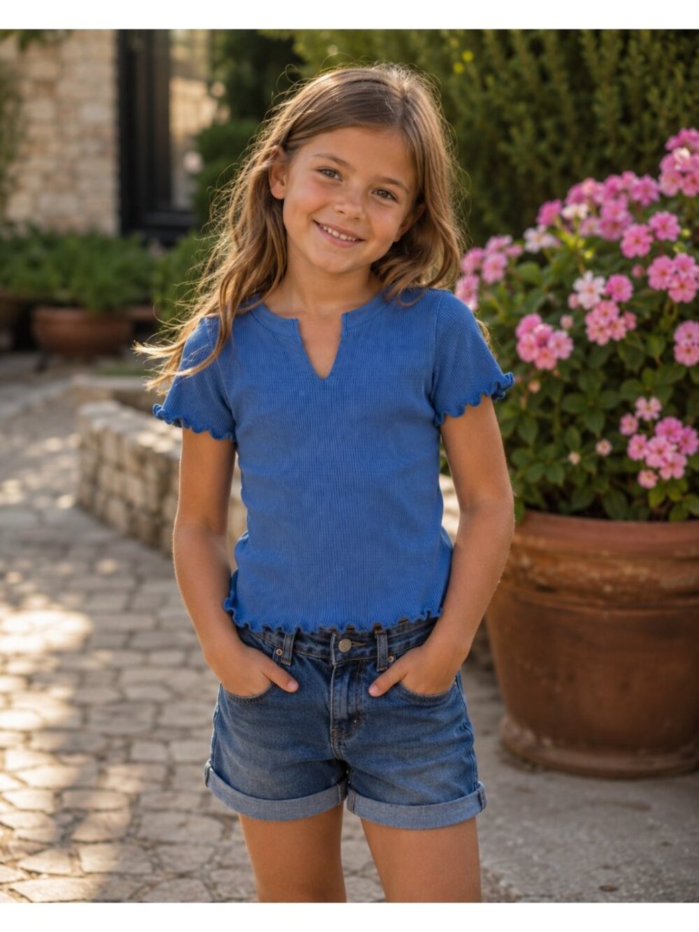 Art Class Ribbed Lettuce Edge Top Blue Size 6/7 NWT